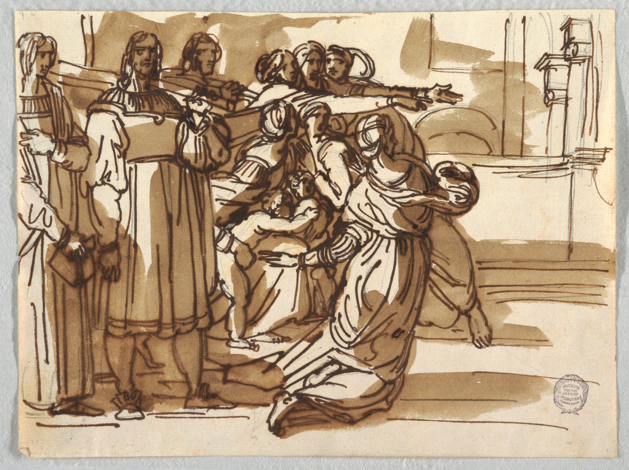 Prælaten og taburetbærerne og kvinderne i nærheden af dem i "Expulsion of Heliodorus" efter Raphael Sanzio af Felice Giani