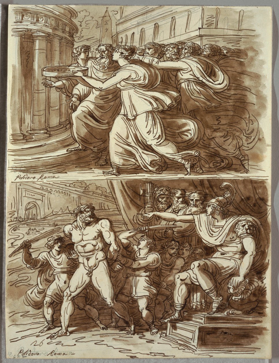 Vestal Tuccia bærer vand i sigte; To studier efter Polidoro da Caravaggio af Felice Giani