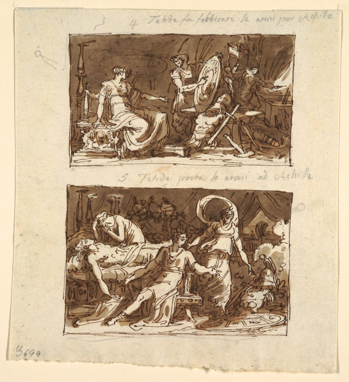 Thetis i Hefaistos Værksted; Thetis viser rustningen til Achilles: To designs til loftspaneler i Galeria d