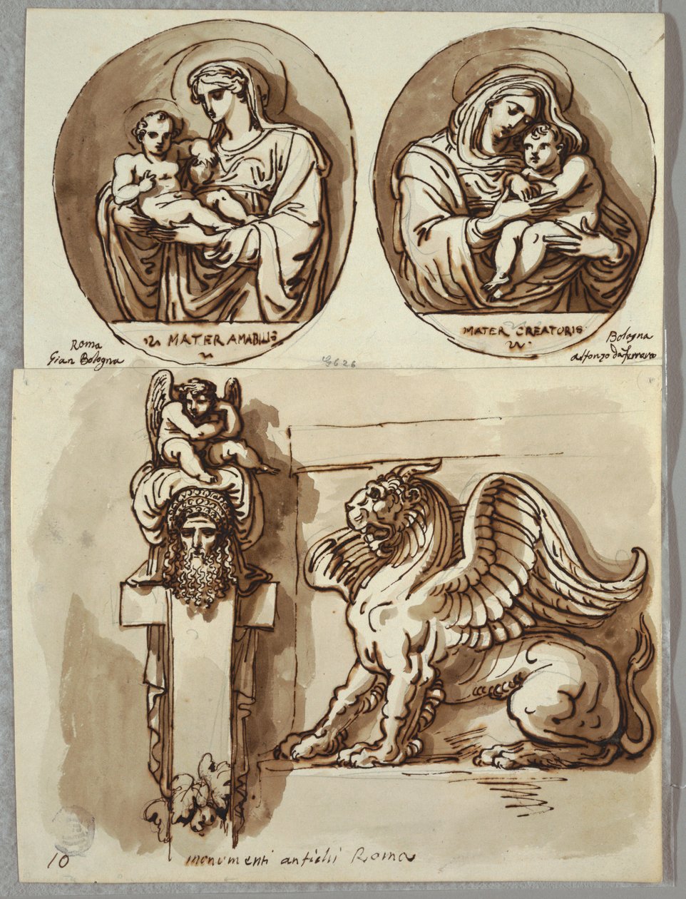 To Tegninger af Madonnaen og Barnet i Ovaler, Studier efter Giambologna og Alfonzo da Ferrero; Herm og Chimera, efter Antik af Felice Giani