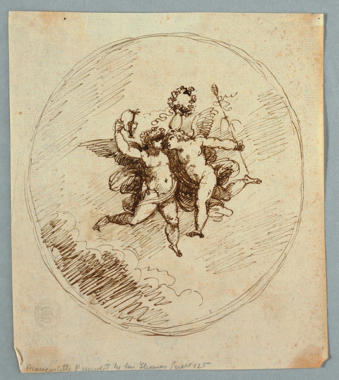 To flyvende putti med Dionysos egenskaber af Felice Giani