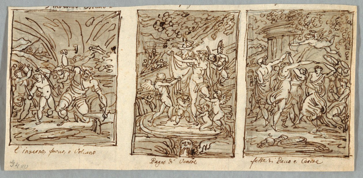 Vinter, Vulkanens Smedje, Forår, Venusbadet, Bacchus og Ceres sommerfester af Felice Giani