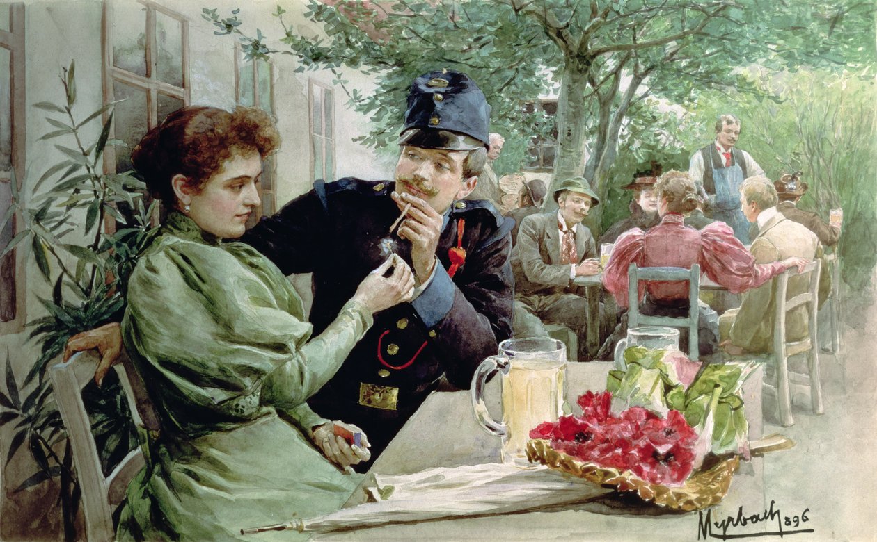 Soldat og en ung pige drikker ny vin, 1896 af Felicien baron de Myrbach Rheinfeld