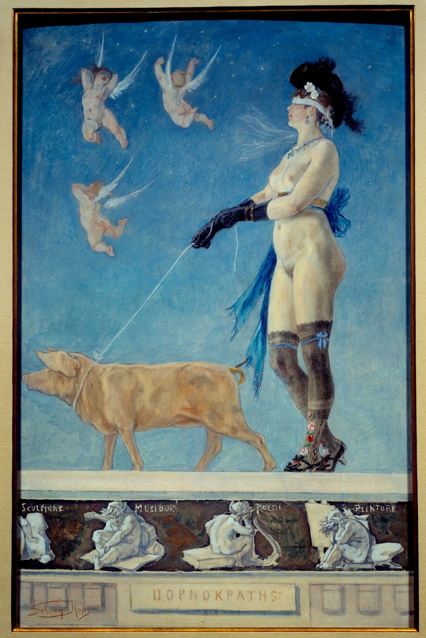 Pornokrates. En nøgen kvinde i strømper med bind for øjnene bliver trukket af en gris, hun holder i snor - Pornografisk maleri af Felicien Rops (1833-1898) Ec Belg af Félicien Rops