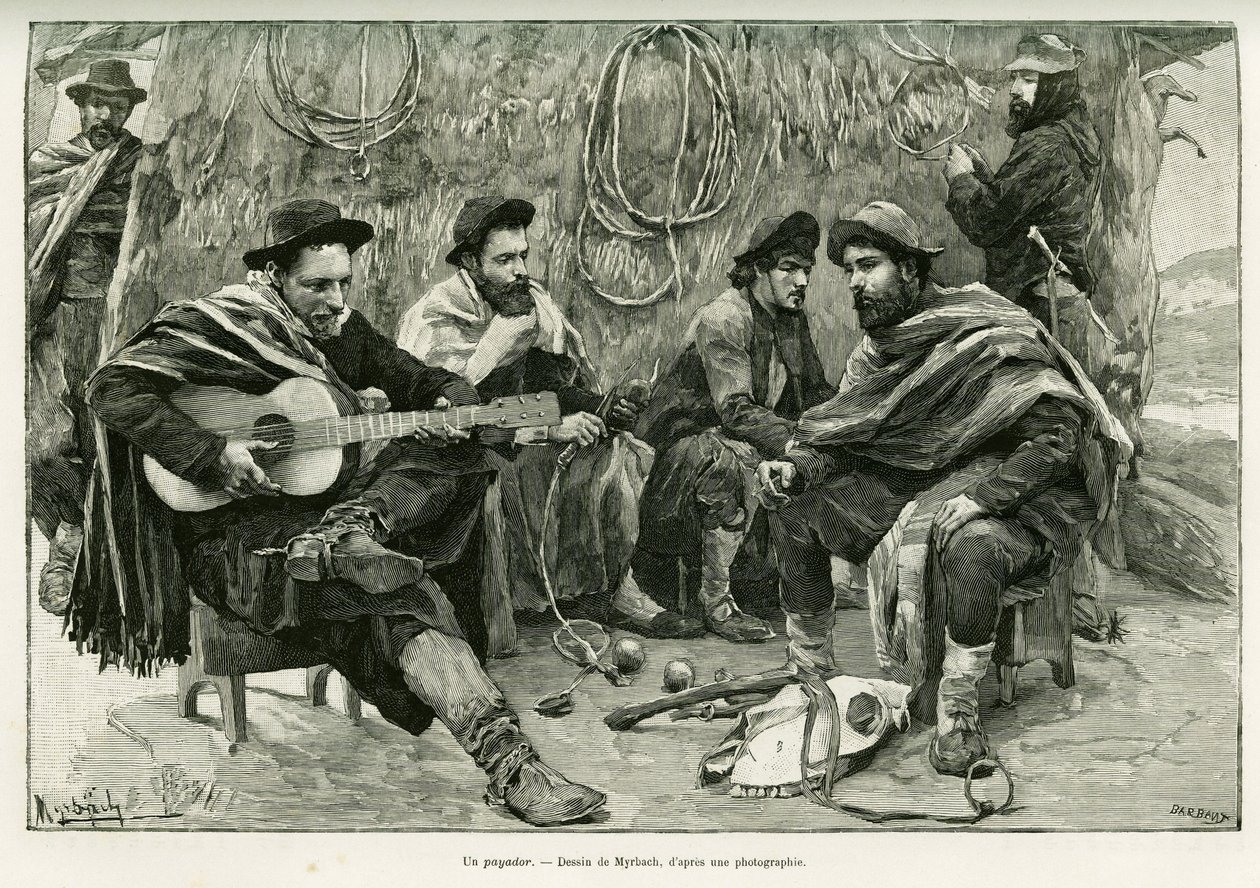 En payador, duel i vers af gående sangere. Gravering af Myrbach, for at illustrere historien Voyage a la Plata, i 1886, af Emile Daireaux, i le tour du monde 1888, instrueret af Edouard Charton (1807-1890), Hachette, Paris. af Felicien baron de Myrbach Rheinfeld