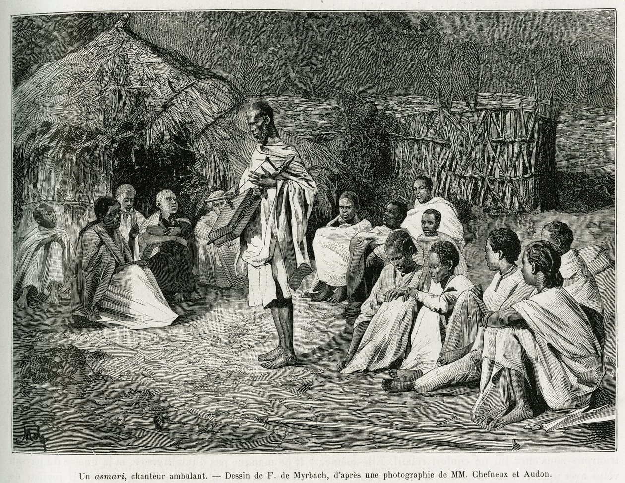 En asmari, en gående sanger. Gravering af F.De Myrbach, efter et fotografi, for at illustrere historien Voyage au Choa (Abyssinie meridionale), i 1884-1888, af Henry Audon, i le tour du monde 1889, instrueret af Edouard Charton (1807-1890), Hachette , Pari af Felicien baron de Myrbach Rheinfeld