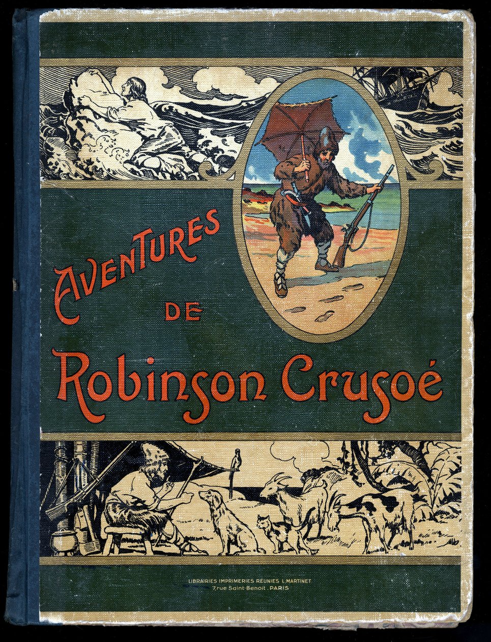 Bogomslag Robinson Crusoe: Illustration af Felician MYRBACH MYRBACH RHEINFELD (1853-1940) Til bogen af Daniel Defoe (De foe) Robinson Crusoe.Bibliotheque de la Jeunesse et de l