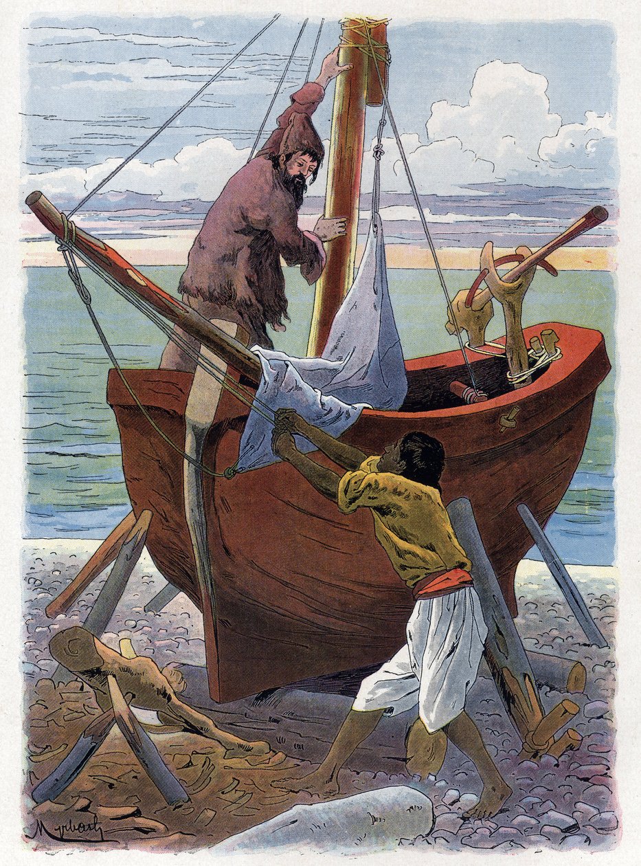 Robinson Crusoe og Friday bygger en båd. af Felicien baron de Myrbach Rheinfeld