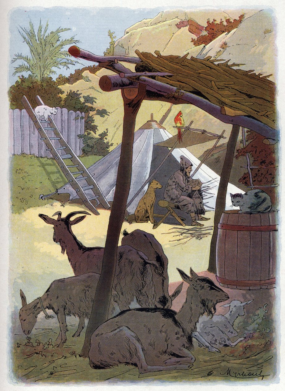 Robinson Crusoe hjem med sine dyr. af Felicien baron de Myrbach Rheinfeld
