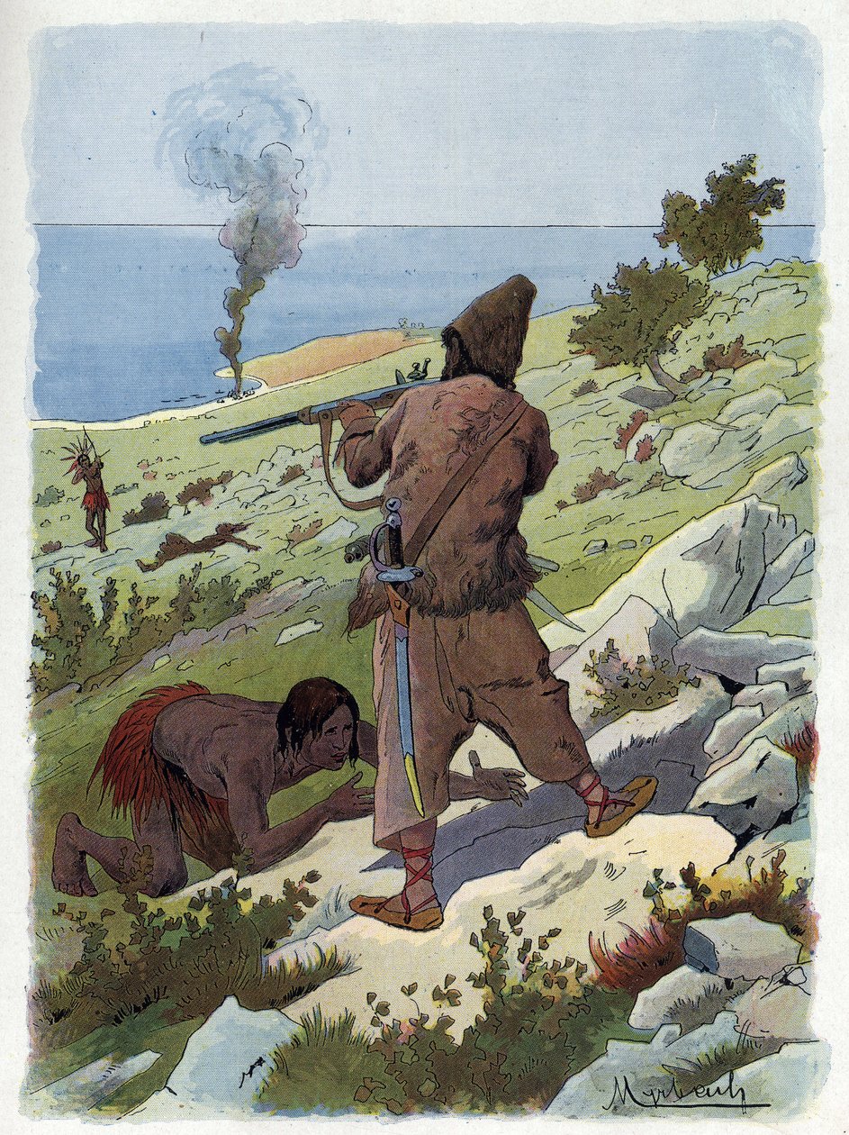 Robinson Crusoe dræber de vilde, der jagter fredag. af Felicien baron de Myrbach Rheinfeld