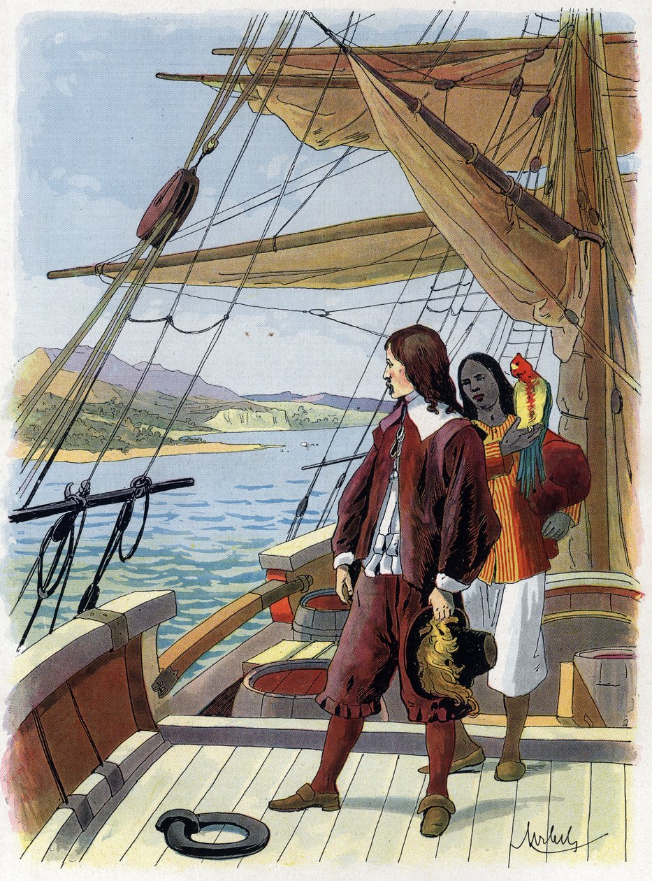 Robinson Crusoe forlader sin ø - Illustration af Felician MYRBACH MYRBACH RHEINFELD (1853-1940) Til Daniel Defoes Bog (De foe) Robinson Crusoe. Ingen dato. Omkring 1934 af Felicien baron de Myrbach Rheinfeld