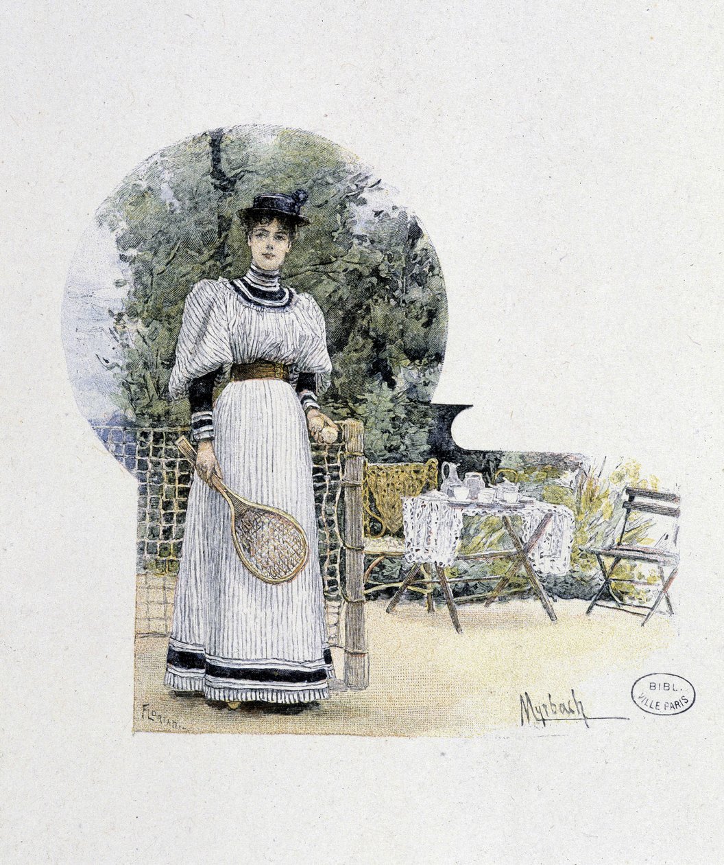 Ung kvinde på en tennisbane - gravering, slutningen af det 19. århundrede af Felicien baron de Myrbach Rheinfeld