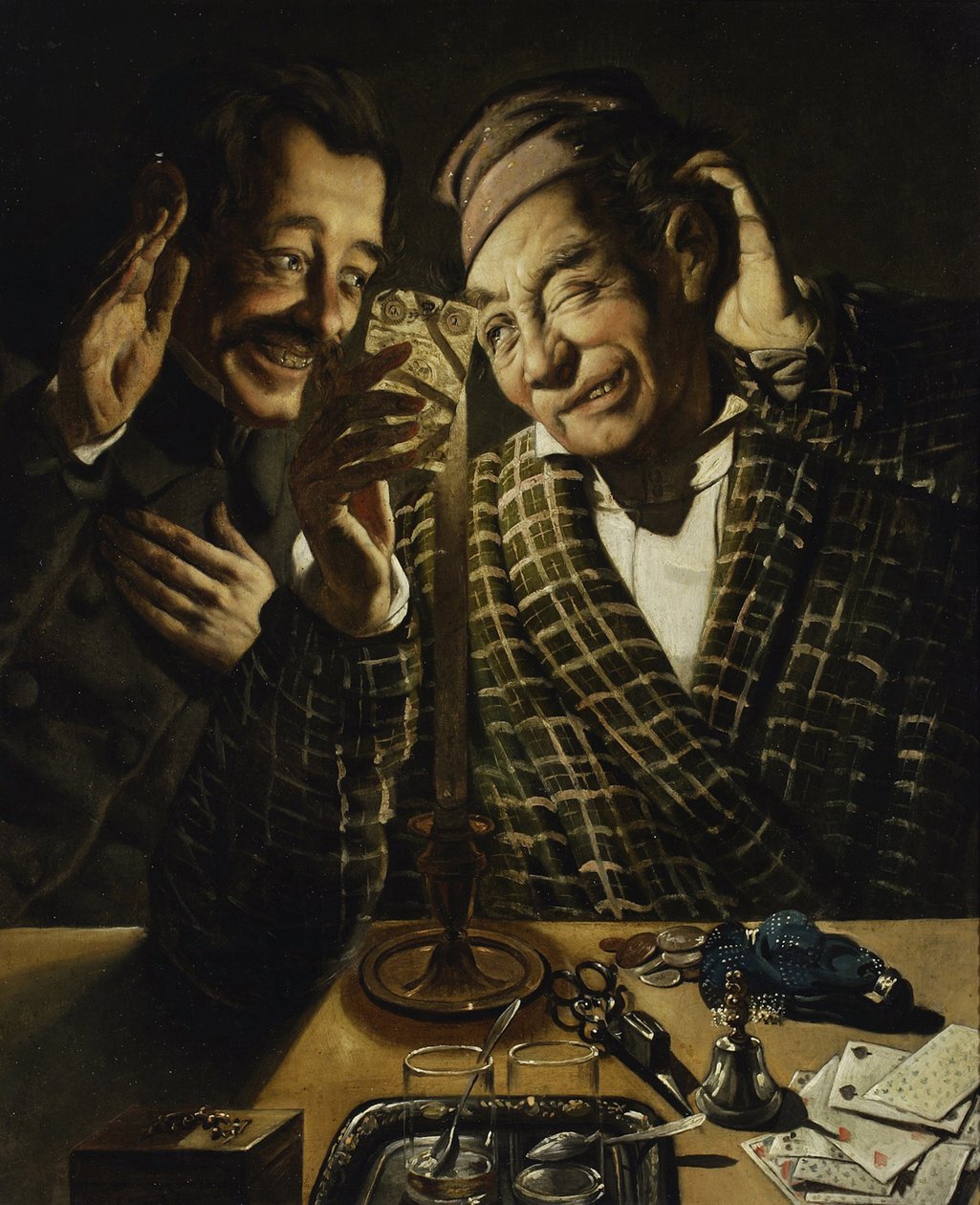 Candlelight Players - Gamblers ved levende lys af Peczarski, Feliks (1804-1862). Olie på lærred, størrelse: 75,5x62 af Feliks Peczarski