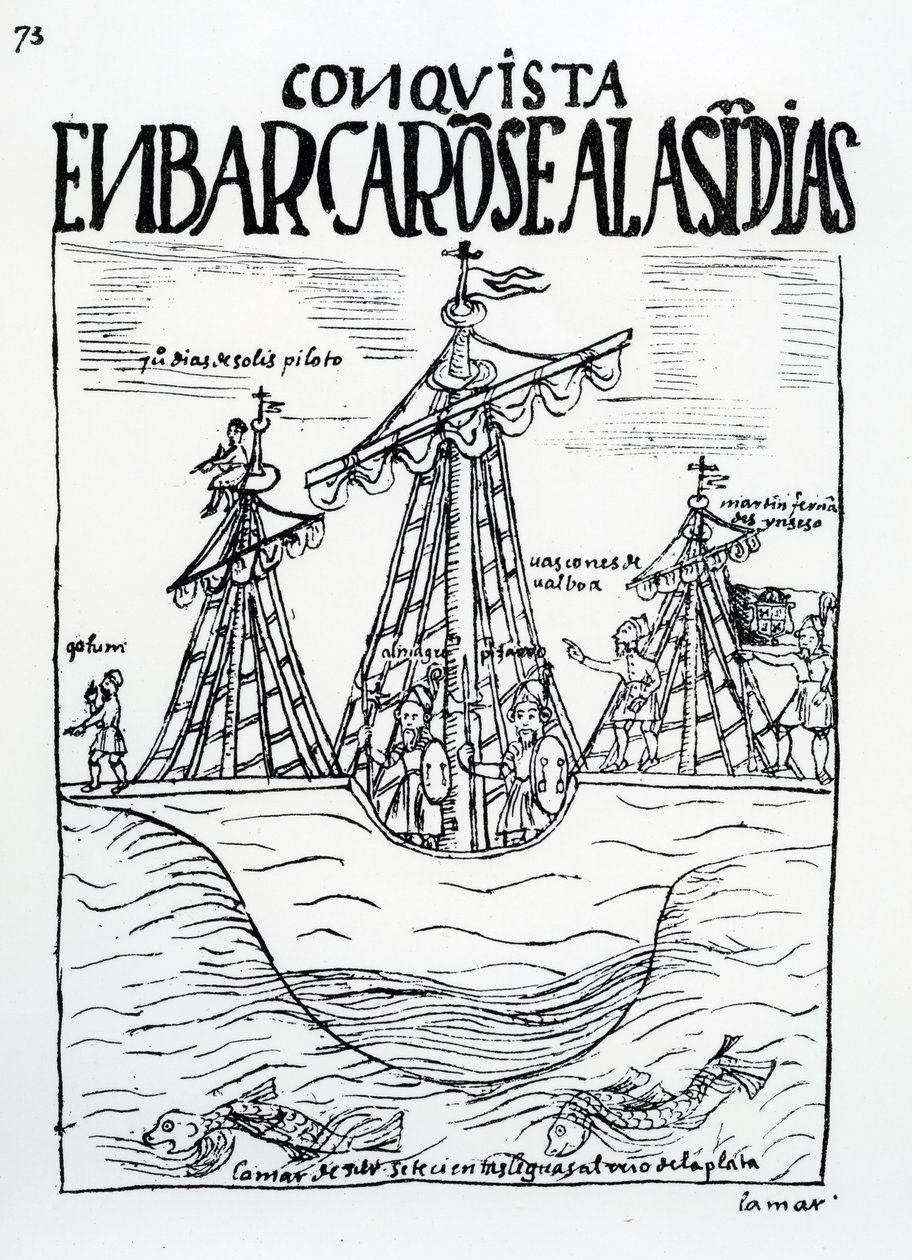 Rejsen til den nye verden taget af Christopher Columbus, Juan Diaz de Solis, Diego de Almagro, Francisco Pizarro, Vasco Nunez de Balboa og Martin Fernandez de Enciso af Felipe Huaman Poma de Ayala