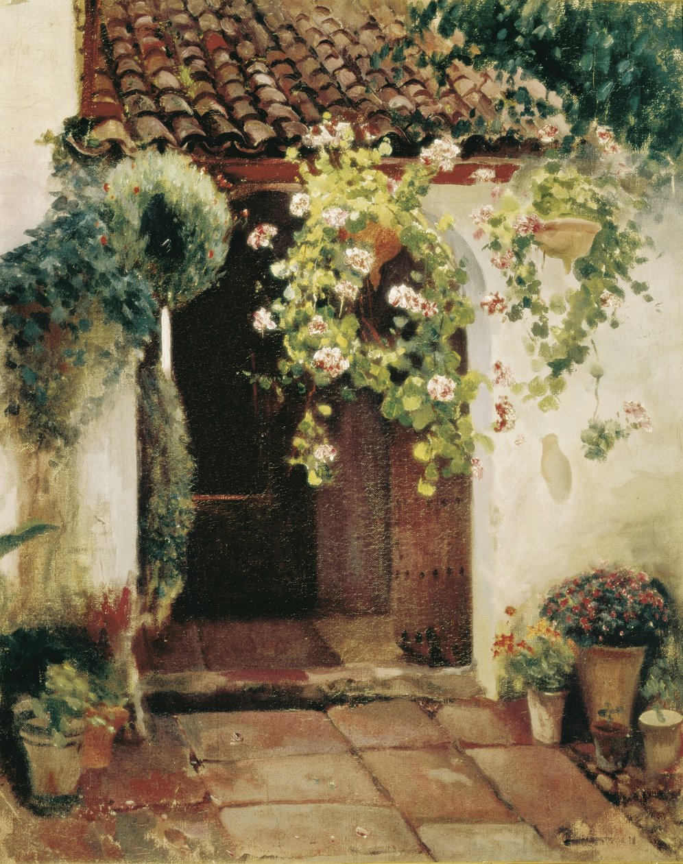 Entré med geranier (olie på lærred) af Felipe Abarzuza y Rodriguez de Arias