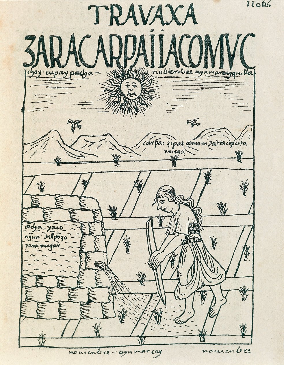 En bonde, der vander sin mark i november (blæktegning af Felipe Huaman Poma de Ayala