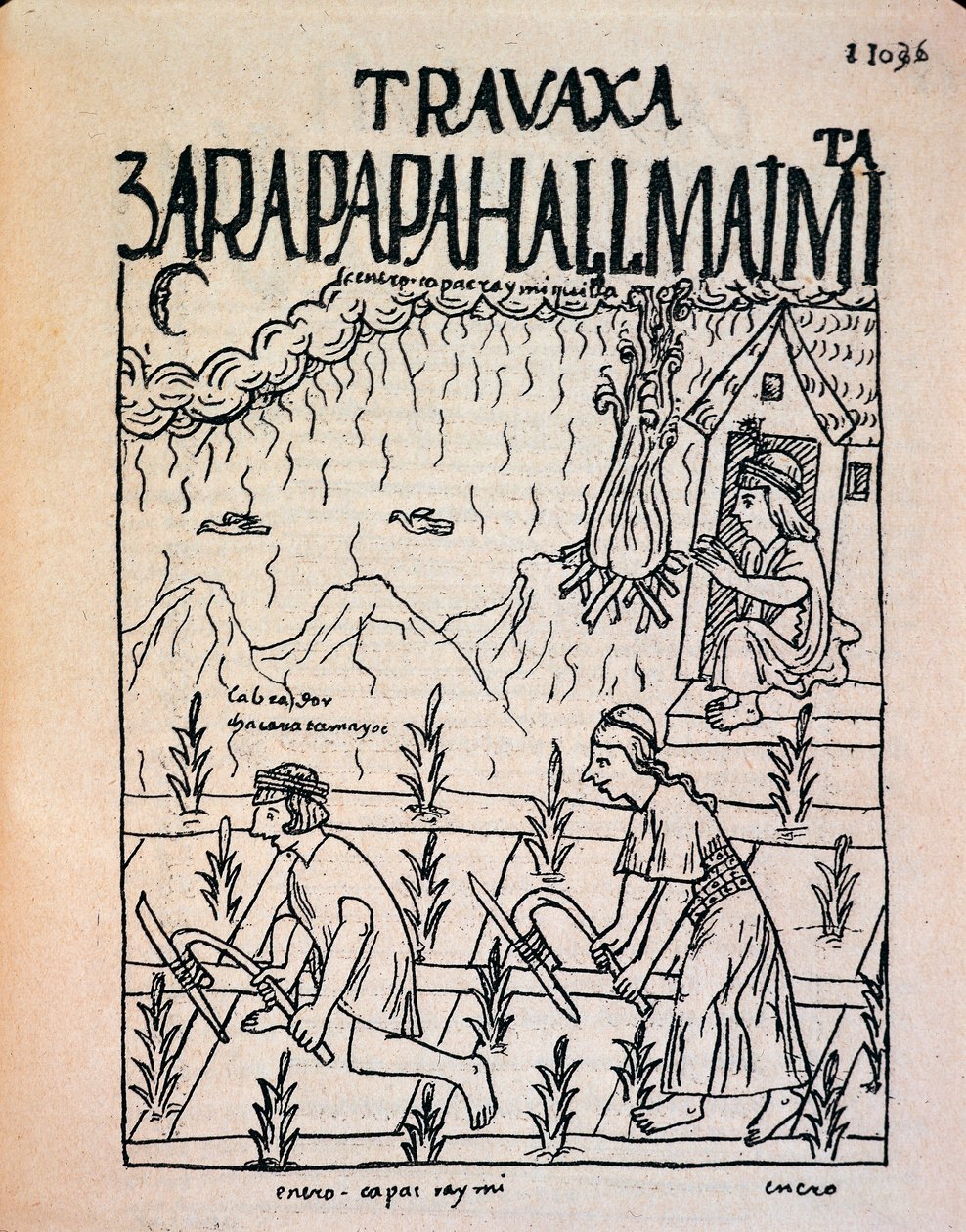 Et Inca Hatun Runa-par, der arbejder på markerne i januar (blæktegning af Felipe Huaman Poma de Ayala