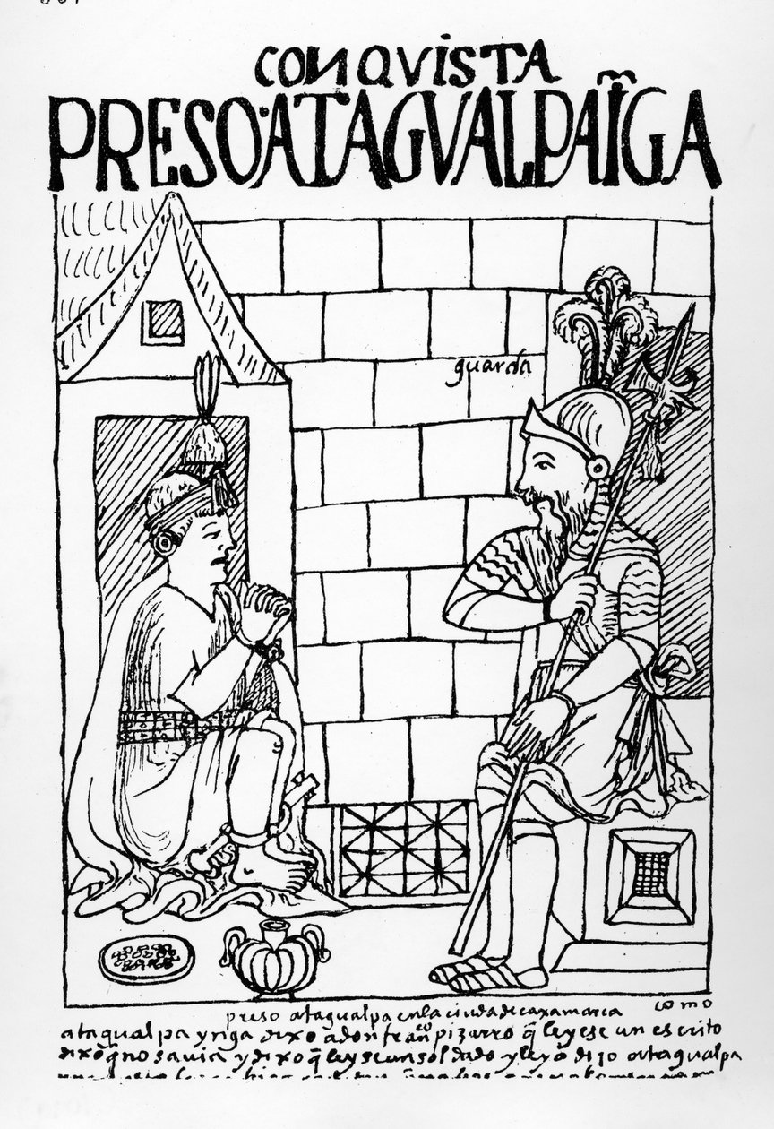 Atahualpa Inca i sit fængsel i Cajamarca af Felipe Huaman Poma de Ayala