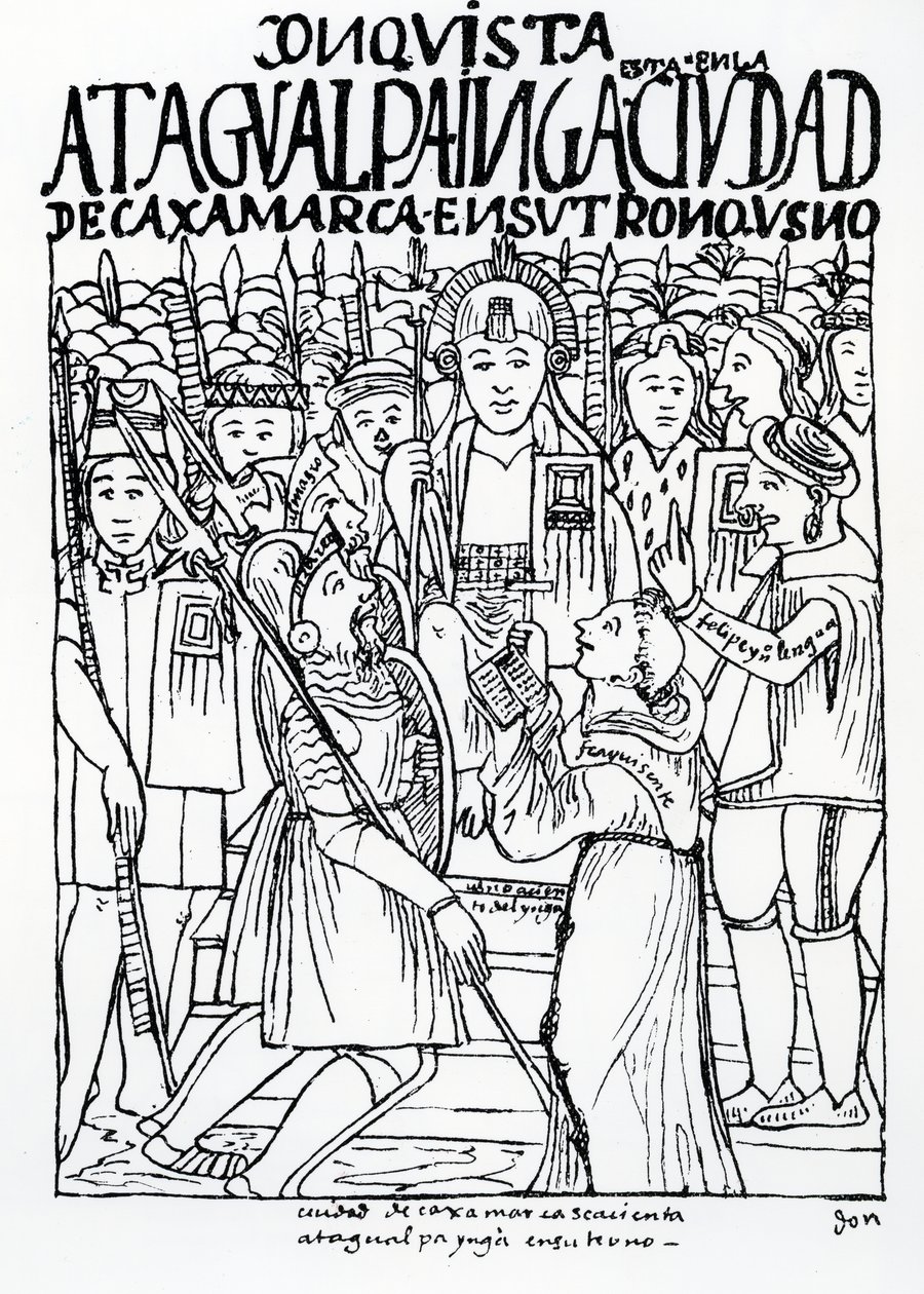 Diego de Almagro, Francisco Pizarro og broder Vicente de Valverde knæler foran Atahualpa Inca ved Cajamarca af Felipe Huaman Poma de Ayala
