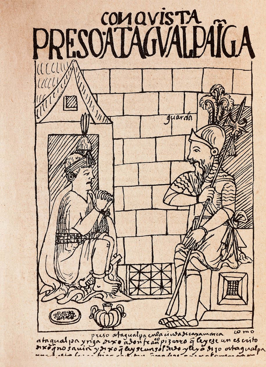 Inkakejser Atahualpa, fange af Erobrerne ved Cajamarca (blæktegning). af Felipe Huaman Poma de Ayala