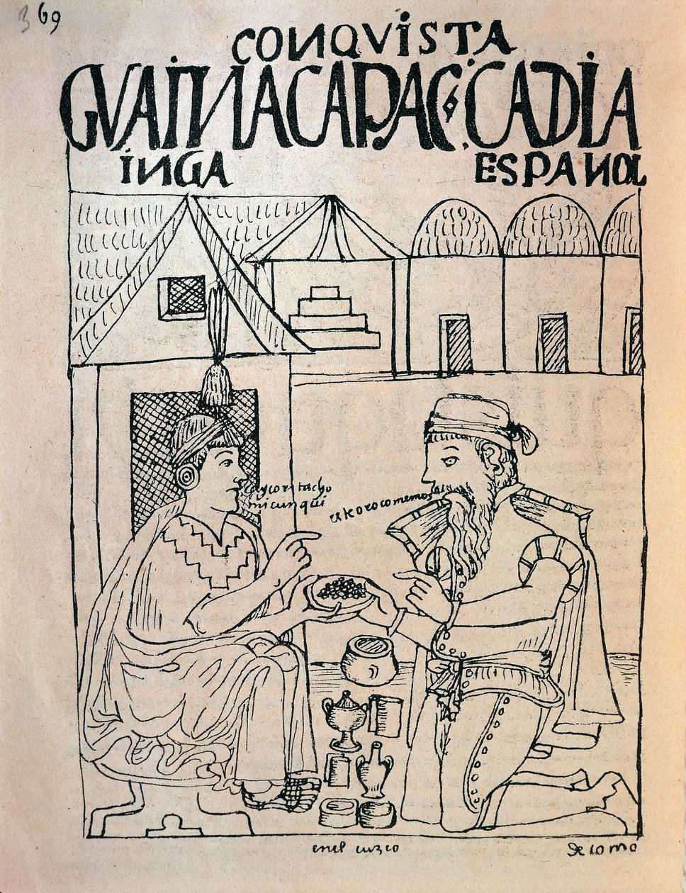 Inkaer fra Cuzco og engelsk conquistador modtager gaver i bytte for inkakejser Atahualpas frihed (blæktegning af Felipe Huaman Poma de Ayala