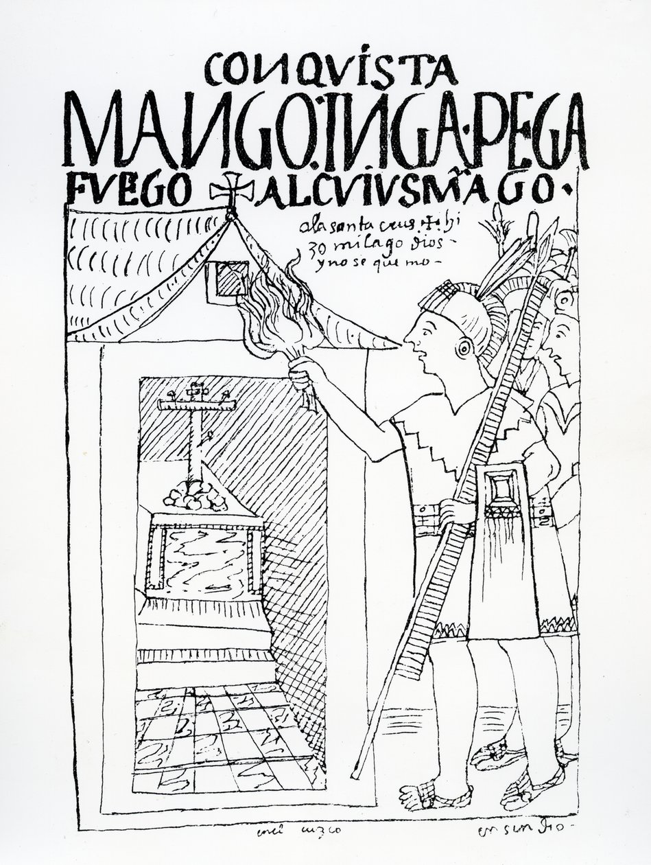 Manco Inca forsøger at brænde inkapaladset Cuyus Mango, som var blevet omvendt til kristen tilbedelse, men Gud griber ind (træsnit) af Felipe Huaman Poma de Ayala