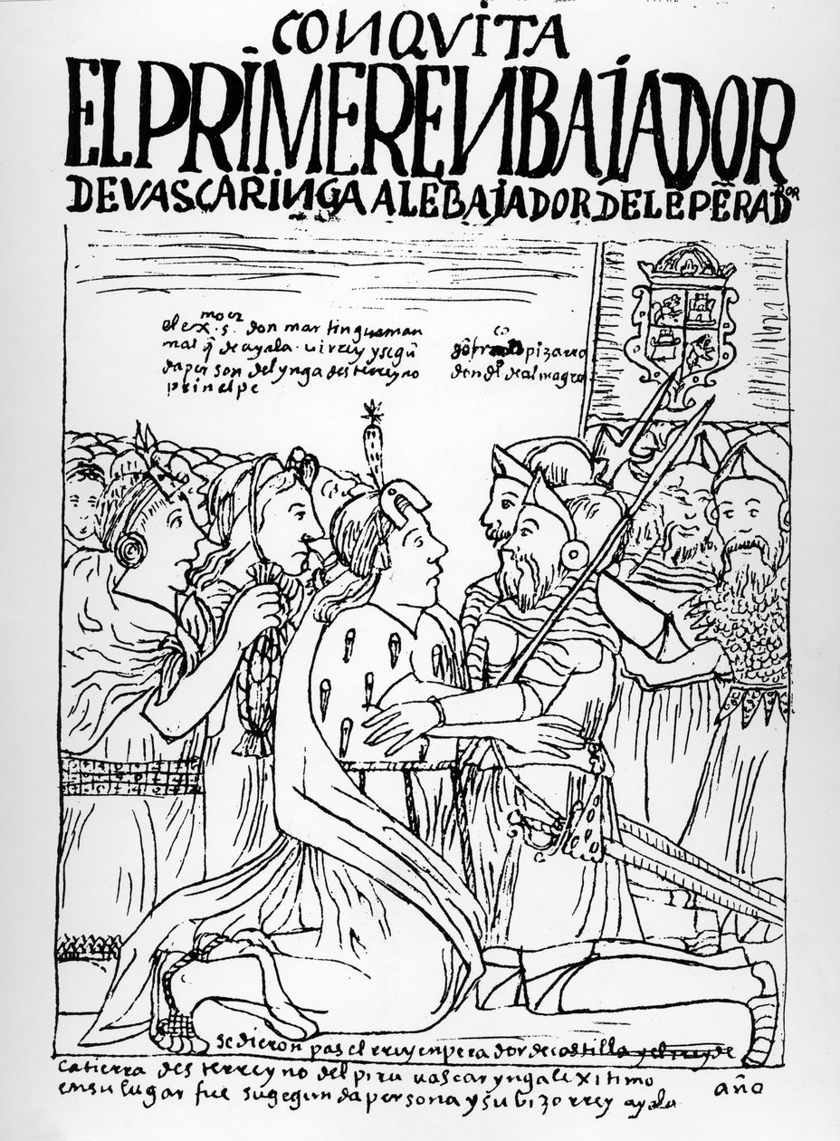 Martin de Ayala hilser på Francisco Pizarro og Diego de Almagro af Felipe Huaman Poma de Ayala