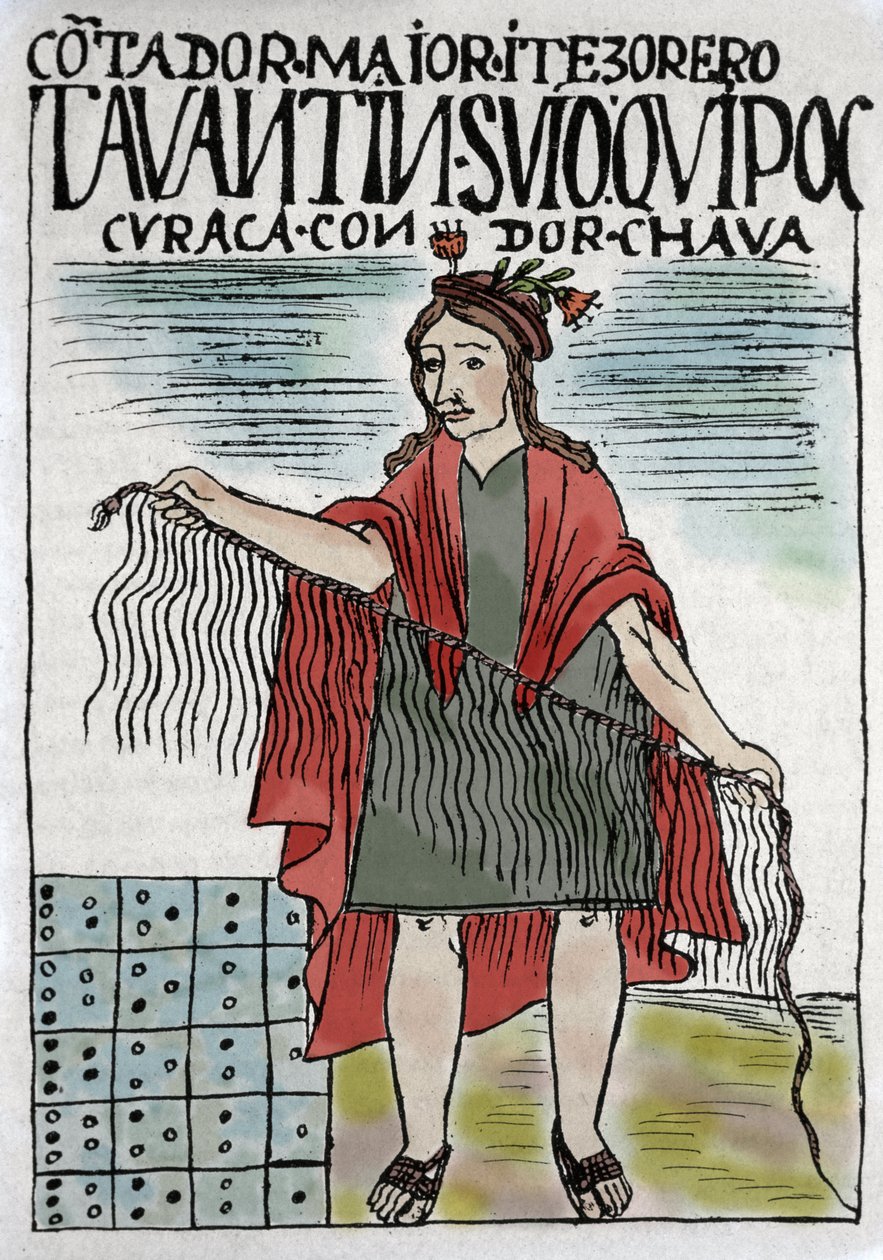 Quipu (Quipo Quipou) Inca-regnskabssystem i reb og knob, inkakultur 1400-1532 e.Kr., manuskript af Felipe Guaman Puma de Ayala (New Chronicle and Good Government), indisk klummeskribent fra det 16. århundrede. af Felipe Huaman Poma de Ayala