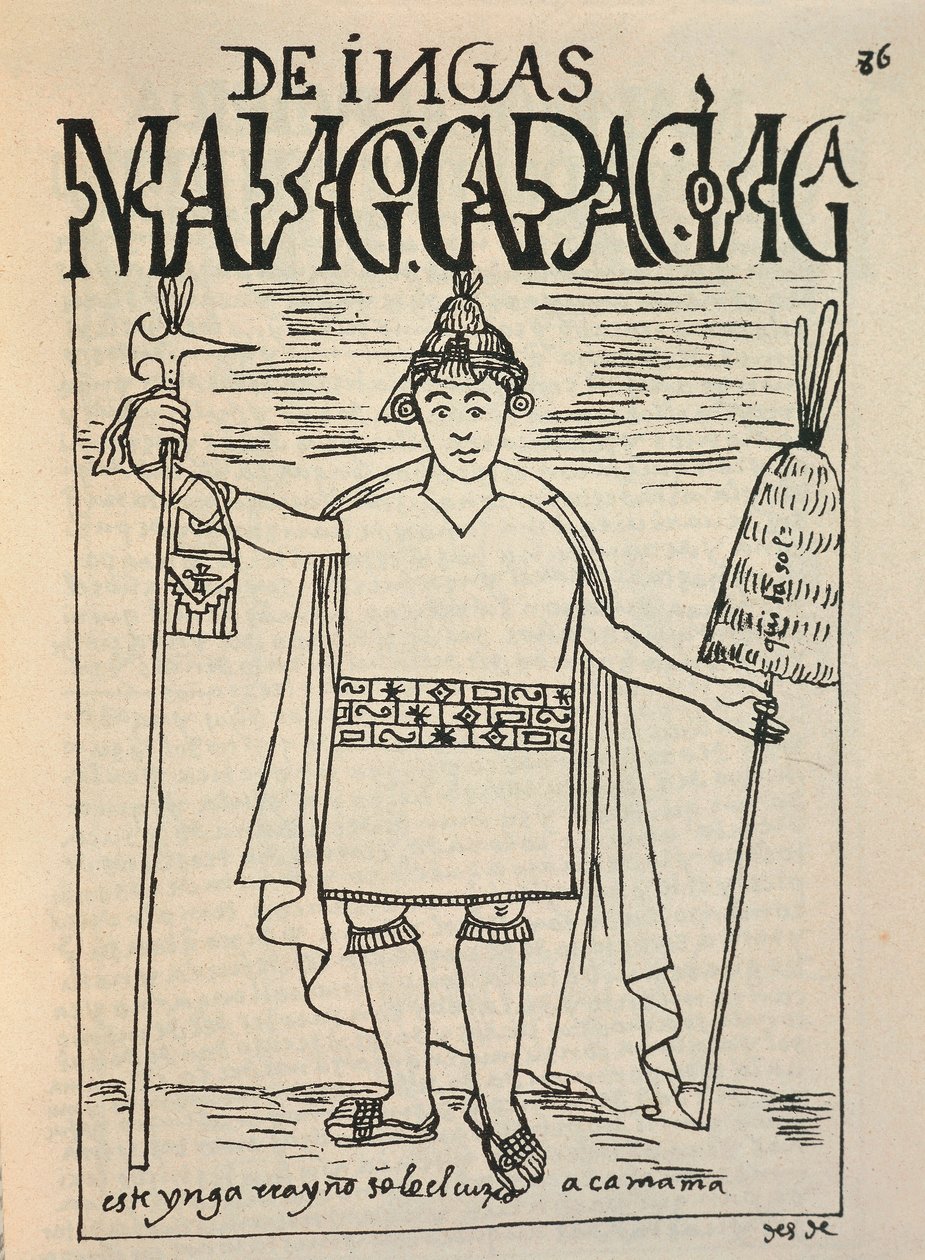 Repræsentation af Manco Capac, den legendariske inka-grundlægger af kongeriget Cusco og en figur af inka-mytologi (blæktegning af Felipe Huaman Poma de Ayala