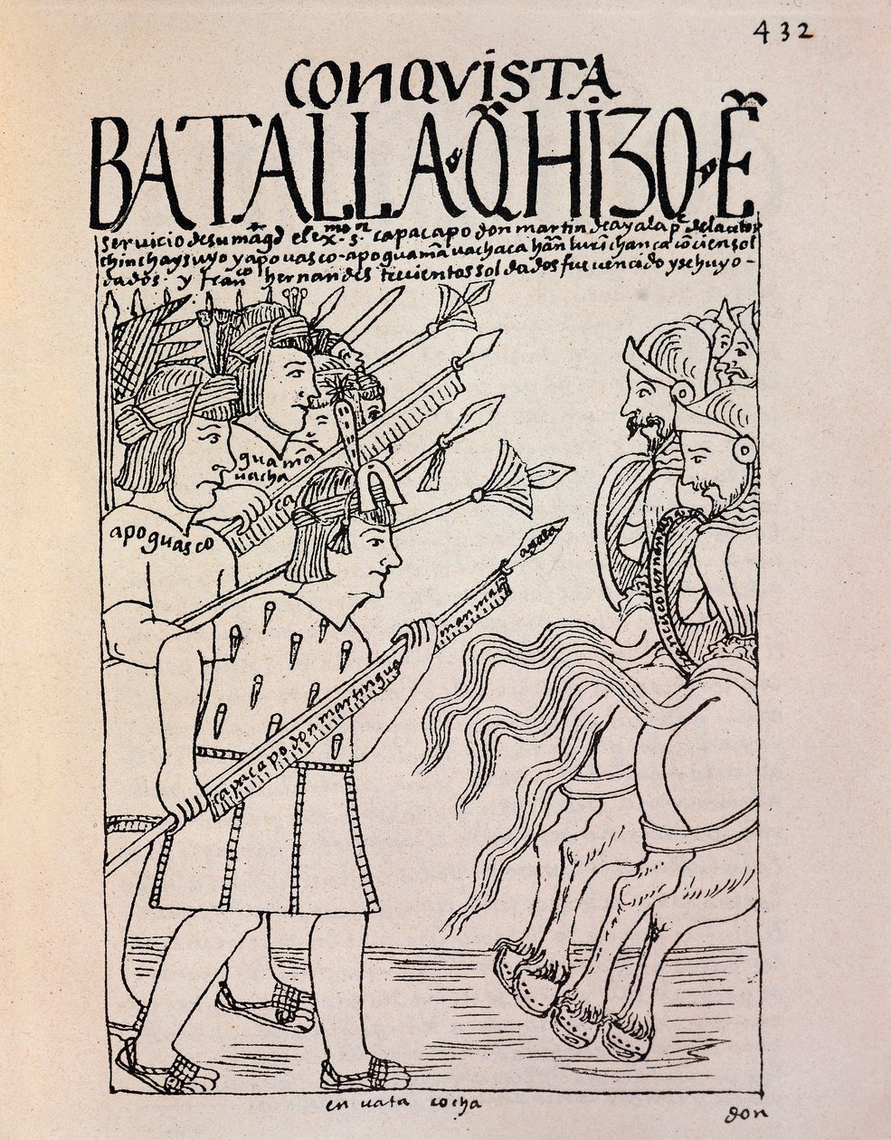 Erobringen af Cuzco af de spanske conquistadorer i 1533 (blæktegning af Felipe Huaman Poma de Ayala