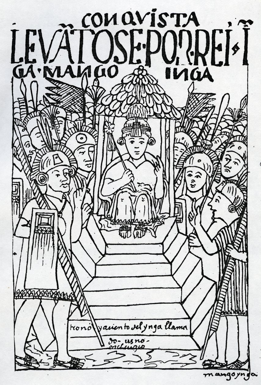 Den nykronede Manco Inca på tronen i Cuzco (træsnit) af Felipe Huaman Poma de Ayala