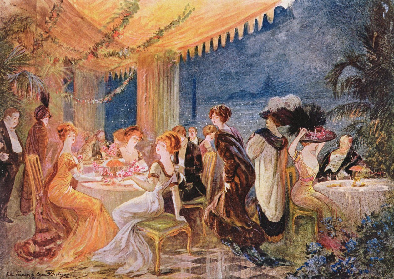 En soiree på en parisisk restaurant, reklame for pelsskæreren Revillon i Le Figaro Illustre, 1910 af Felix Fournery