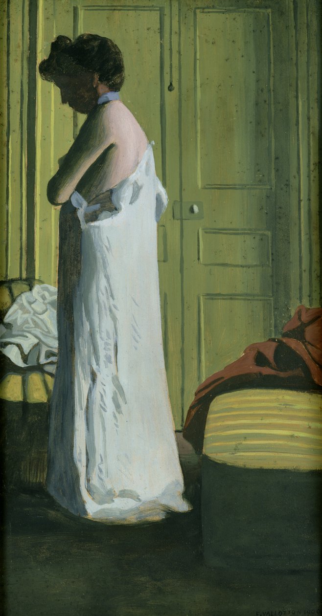 Nøgen i et interiør, kvinde fjerner sin skjorte af Felix Edouard Vallotton