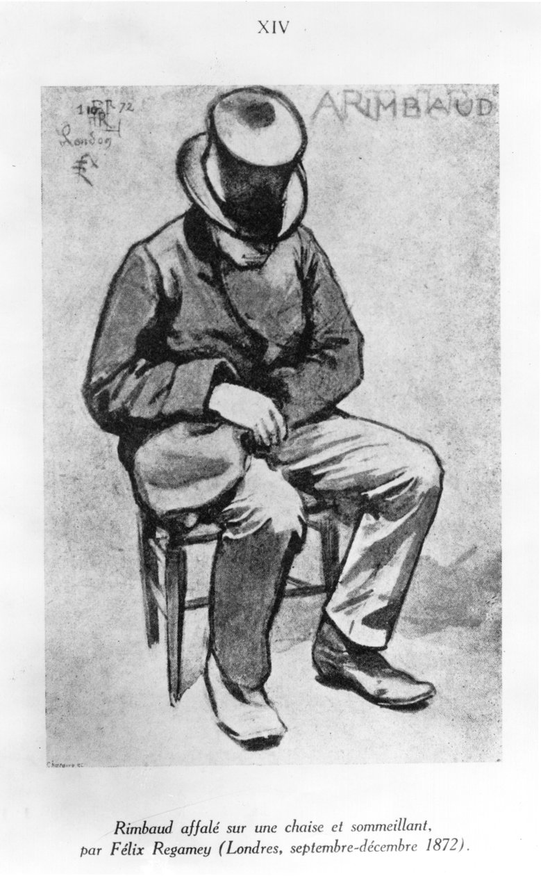 Arthur Rimbaud (1854-91) faldt sammen på en stol og døsede i London, 1872 (vask og blæk på papir) af Felix Regamey