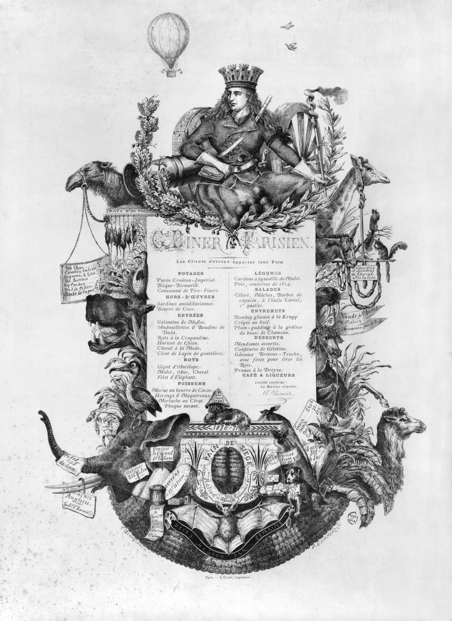 Grand Diner Parisien, menukort udstillet under belejringen af Paris, 1870-71 (sort foto) af Felix Jean Gauchard