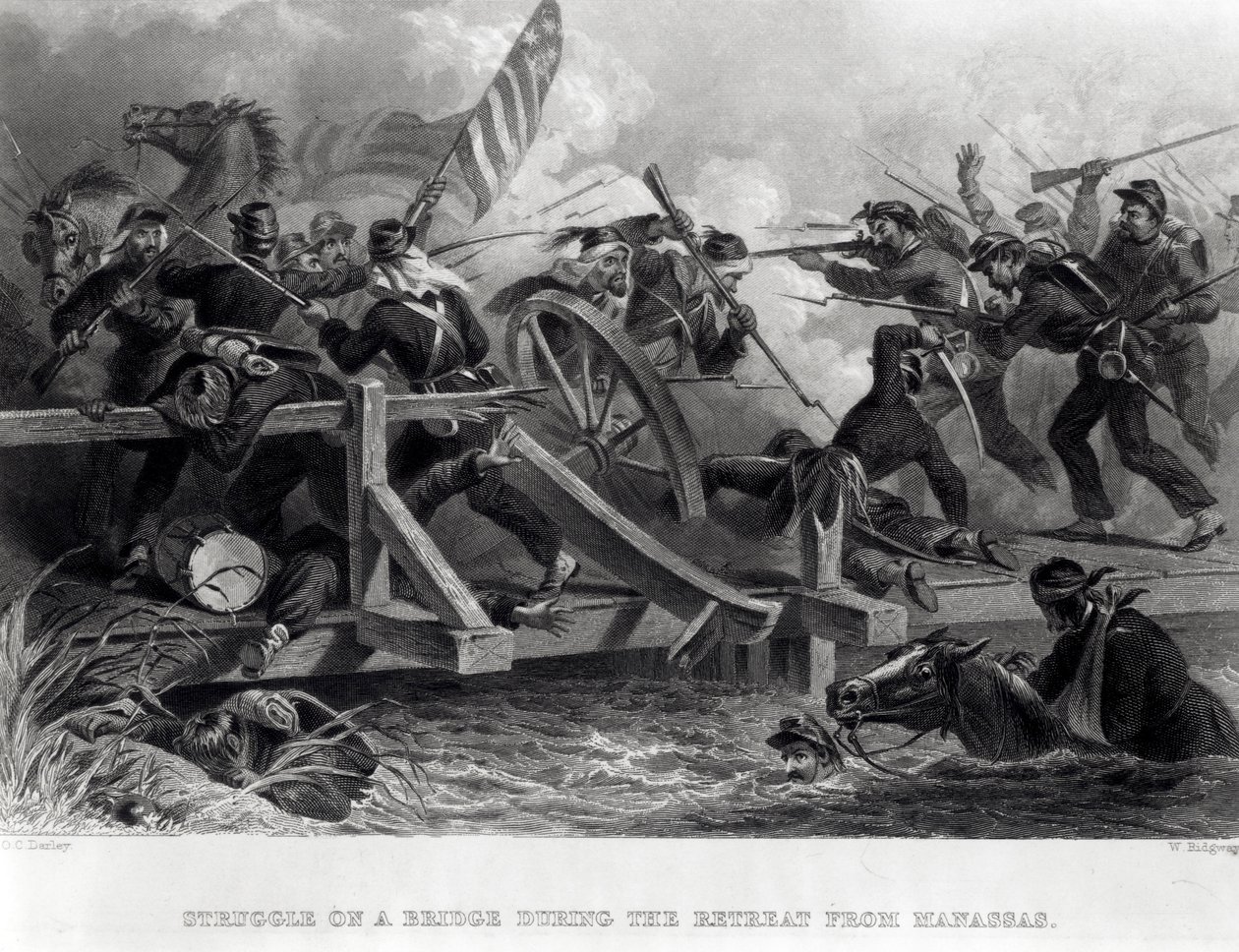 Kamp på en bro under tilbagetoget fra Manassas, juli 1861, indgraveret af W. Ridgway, 1862 af Felix Octavius Carr Darley