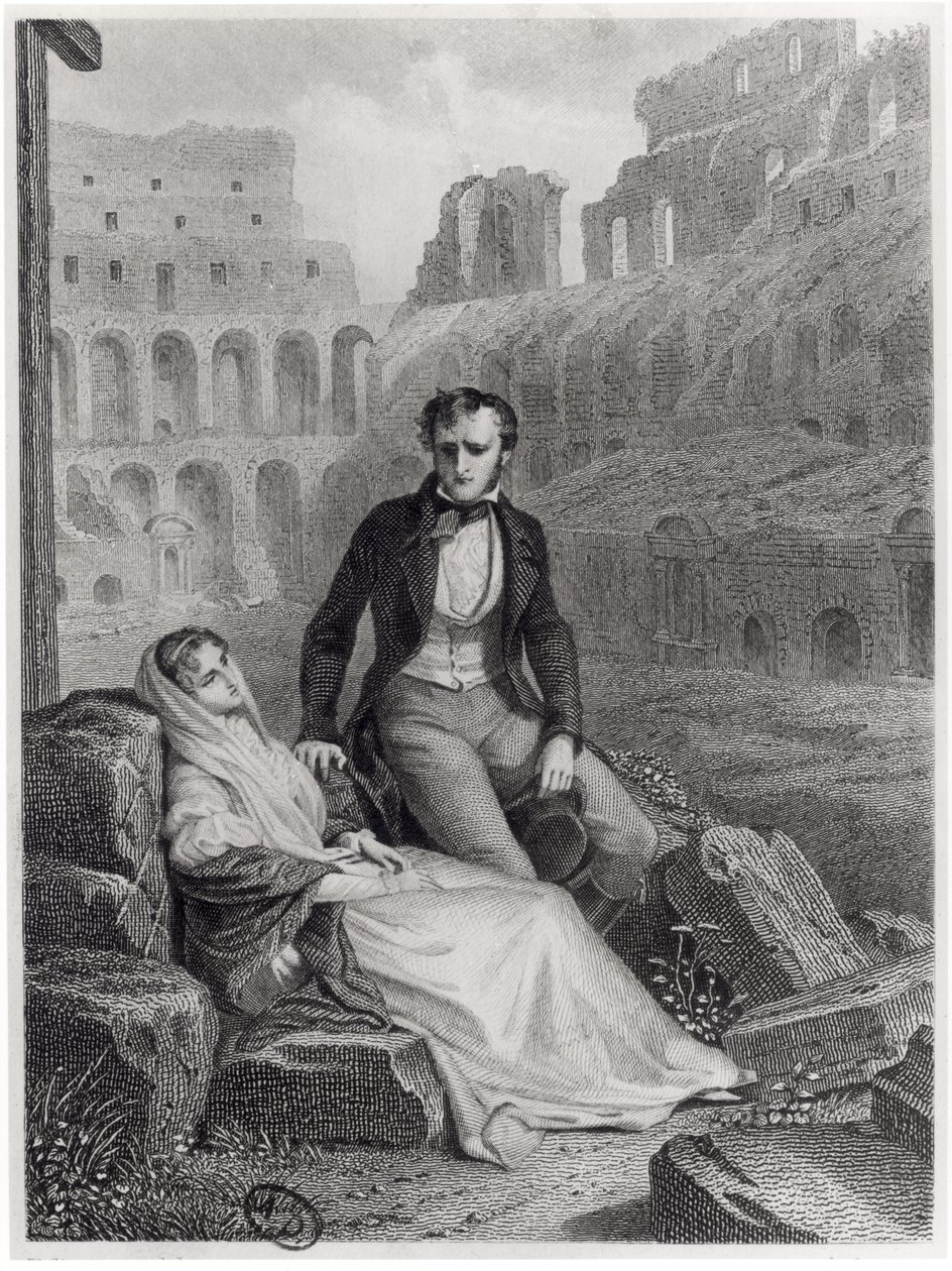 Francois Rene (1768-1848) Vicomte de Chateaubriand og Pauline de Beaumont i ruinerne af Colosseum, illustration fra 