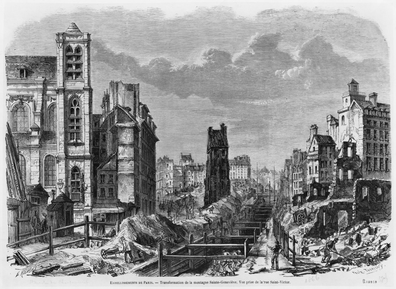Forbedringer til Paris, transformation af Montagne Sainte-Genevieve, udsigt taget fra rue Saint-Victor, 1877 af Felix Thorigny