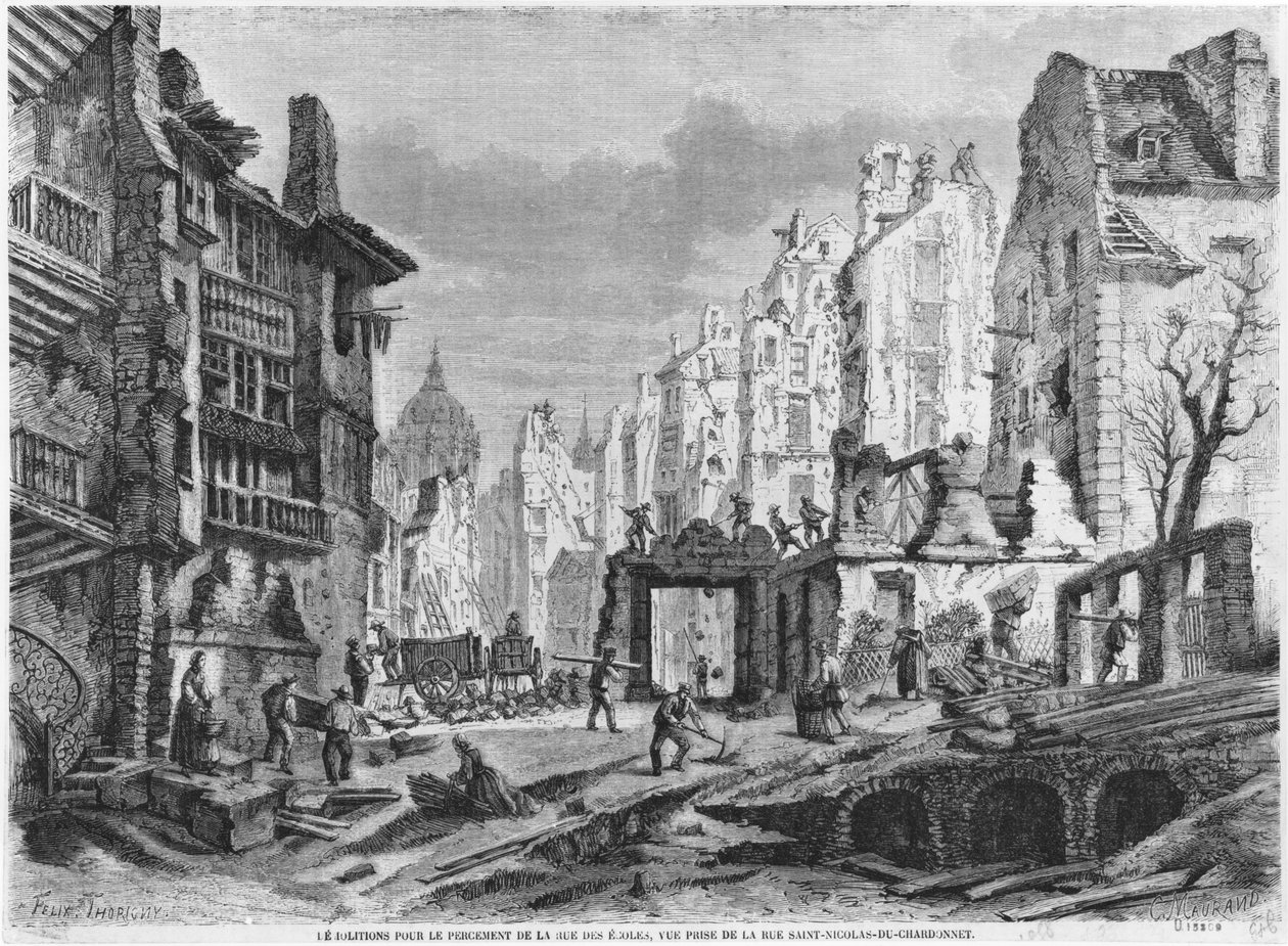 Paris, nedrivninger til bygningen af Rue des Ecoles, udsigt taget fra rue Saint-Nicolas du Chardonnet, indgraveret af Charles Maurand (1800-tallet) af Felix Thorigny
