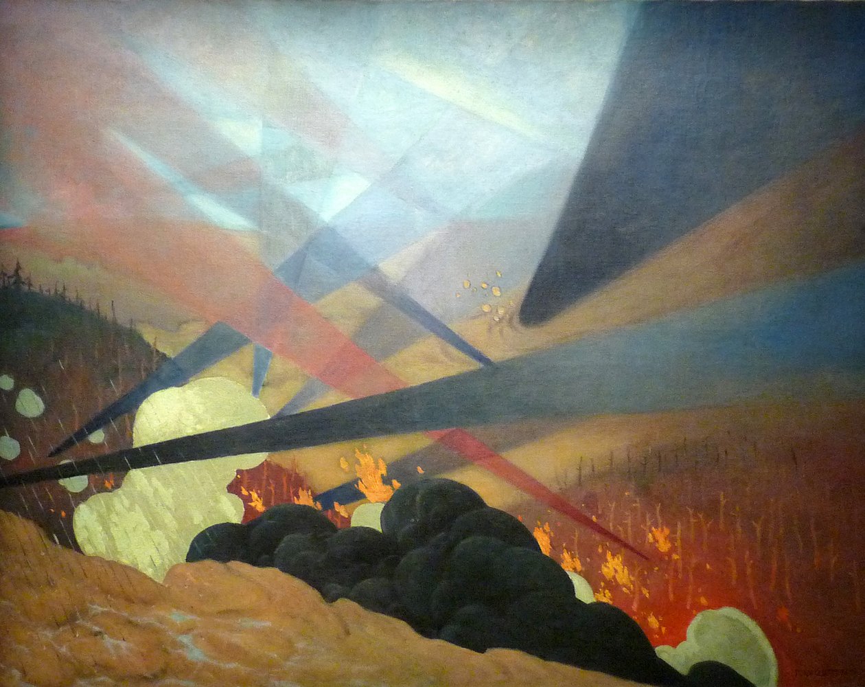  Verdun, fortolket krigsbillede, sort, blå og rødt farvede projektioner, ødelagt område, gasskyer af Felix Edouard Vallotton