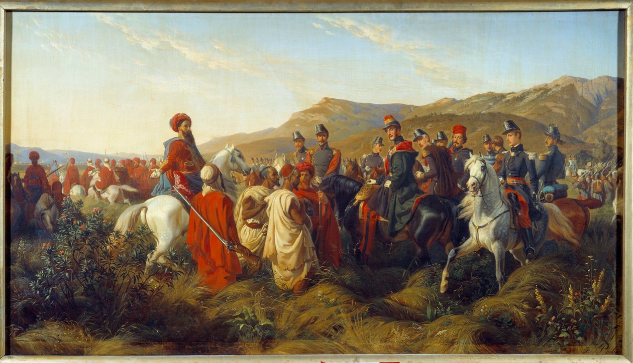 Erobring af Algeriet (1830-1847): Episode af Algeriets felttog i 1840 - hertugen af Orleans Ferdinand Philippe (Ferdinand-Philippe) (1810-1842), søn af kong Louis Philippe (Louis-Philippe) 1., giver frihed til to arabiske fanger nær lejren Bl af Felix (after) Philippoteaux