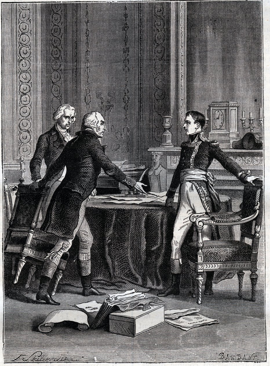Første drøftelse af de tre konsuler i Peer-Luxembourg - Napoleon Bonaparte, Emmanuel Joseph Sieyes og Pierre Roger-Ducos 1799 - Gravering af Barbant, efter Philippoteaux - Første konsulat, 24. Frimaire VIII (15. december 1799), første møde i 1. af Felix (after) Philippoteaux