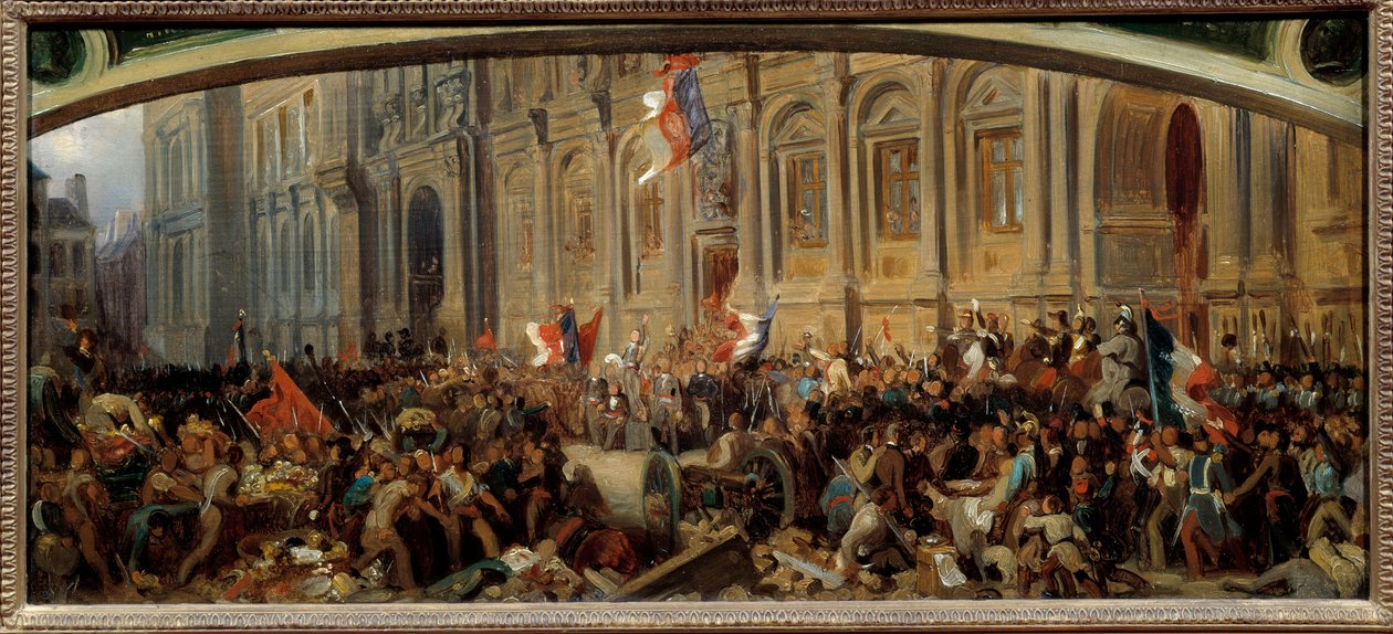 Revolution i 1848: "" Alphonse de Lamartine (1790-1869), fransk forfatter og politiker, afviser det røde flag på rådhuset den 25/02/1848." Maleri af Felix Philippoteaux (ca. 1815-1884) af Felix (after) Philippoteaux