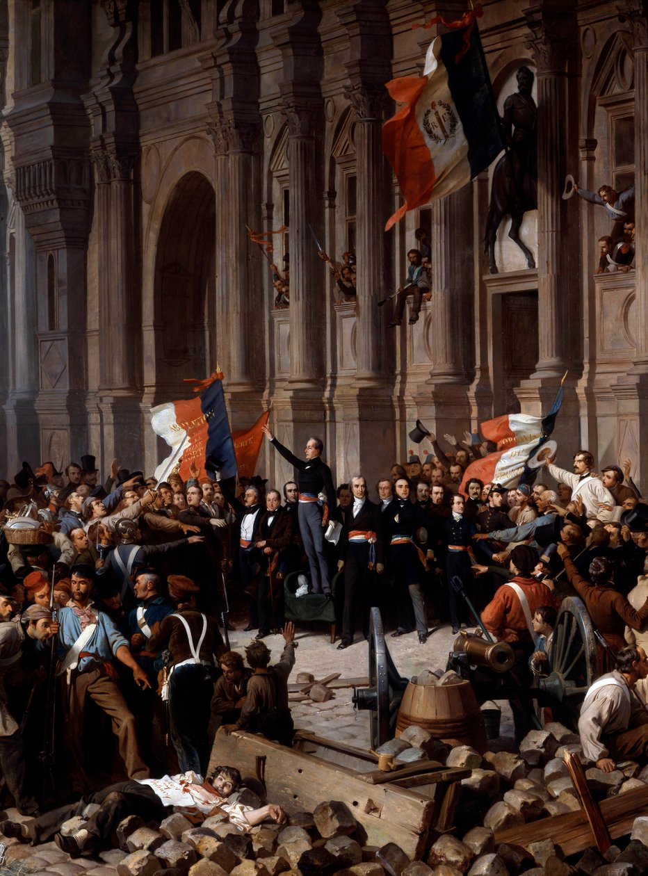 Revolution i 1848: Alphonse de Lamartine (1790 - 1869), der nægtede det røde flag til det trefarvede flag, ved rådhuset. Paris, 26. februar 1848. Detalje af maleri af Henri Felix Philippoteaux (1815 - 1884), Paris, Musee Du PetitPalais - Revolutionen i 184 af Felix (after) Philippoteaux