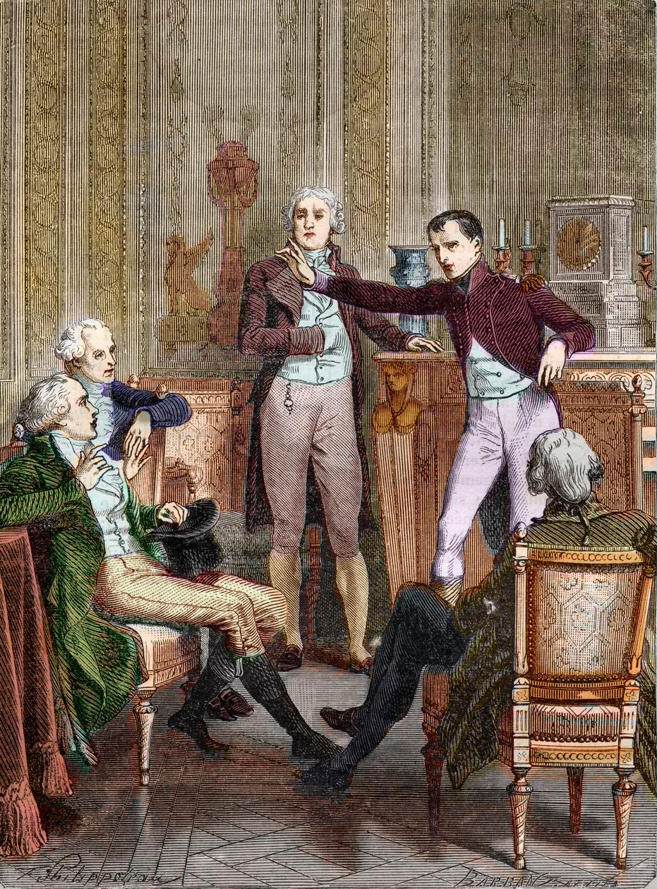 Den første konsul Bonaparte taler med matematikeren Gaspard Monge - Diskussion entre Bonaparte, Premier Consul, et Gaspard Monge (1746-1818) gravering af Felix Philippoteaux (1815-1884). af Felix (after) Philippoteaux