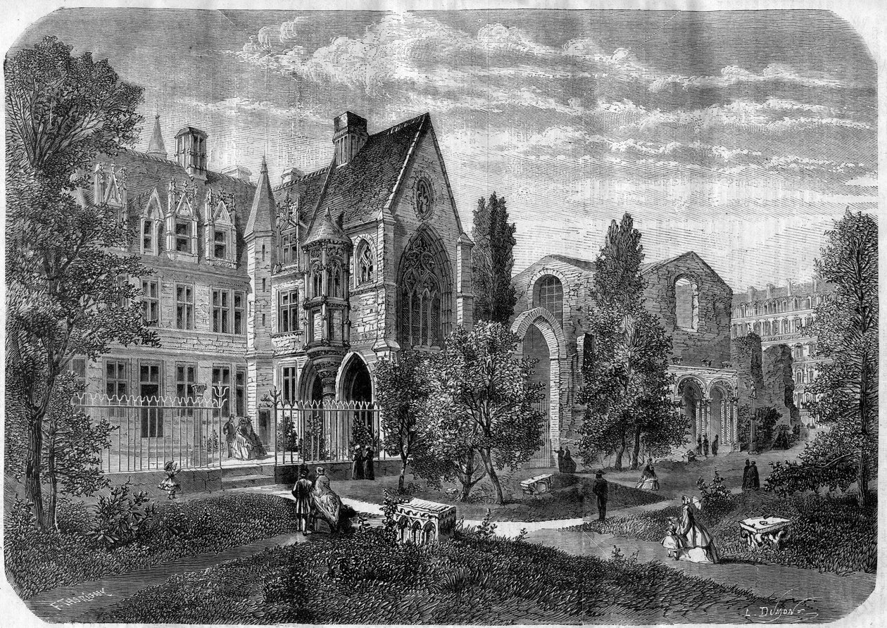 Pladsen i Palais des Thermes og Cluny Hospital i Paris i 1868 - Indgravering efter en tegning af Felix de Thorigny af Felix (after) Thorigny