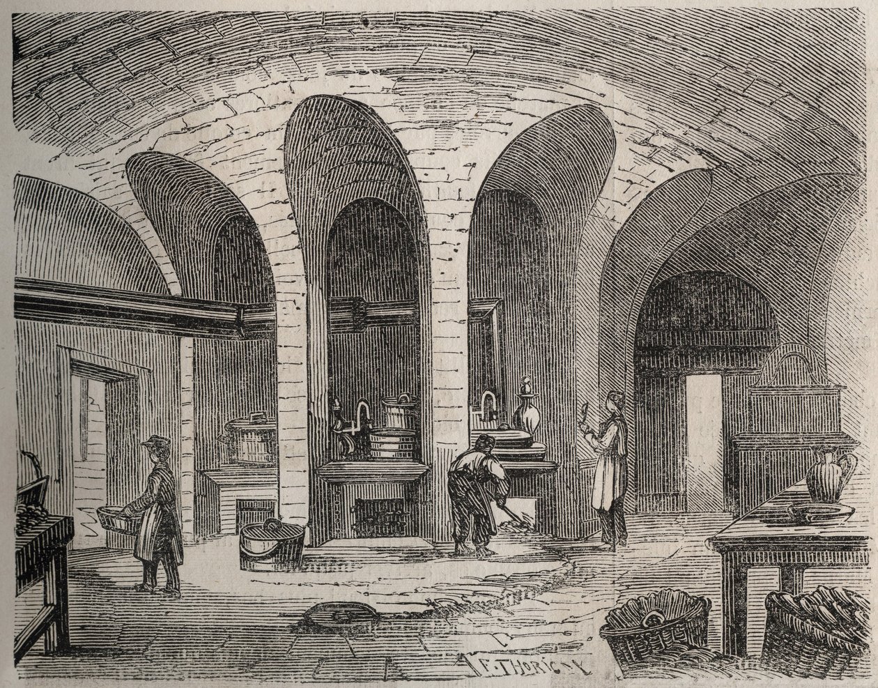 Paris - Prison de la petite Roquette (fængsel for kvinder og teenagere) - Les Cuisines - Gravering af efter Felix Thorigny - i Le Monde Illustre fra juli 1865 af Felix (after) Thorigny