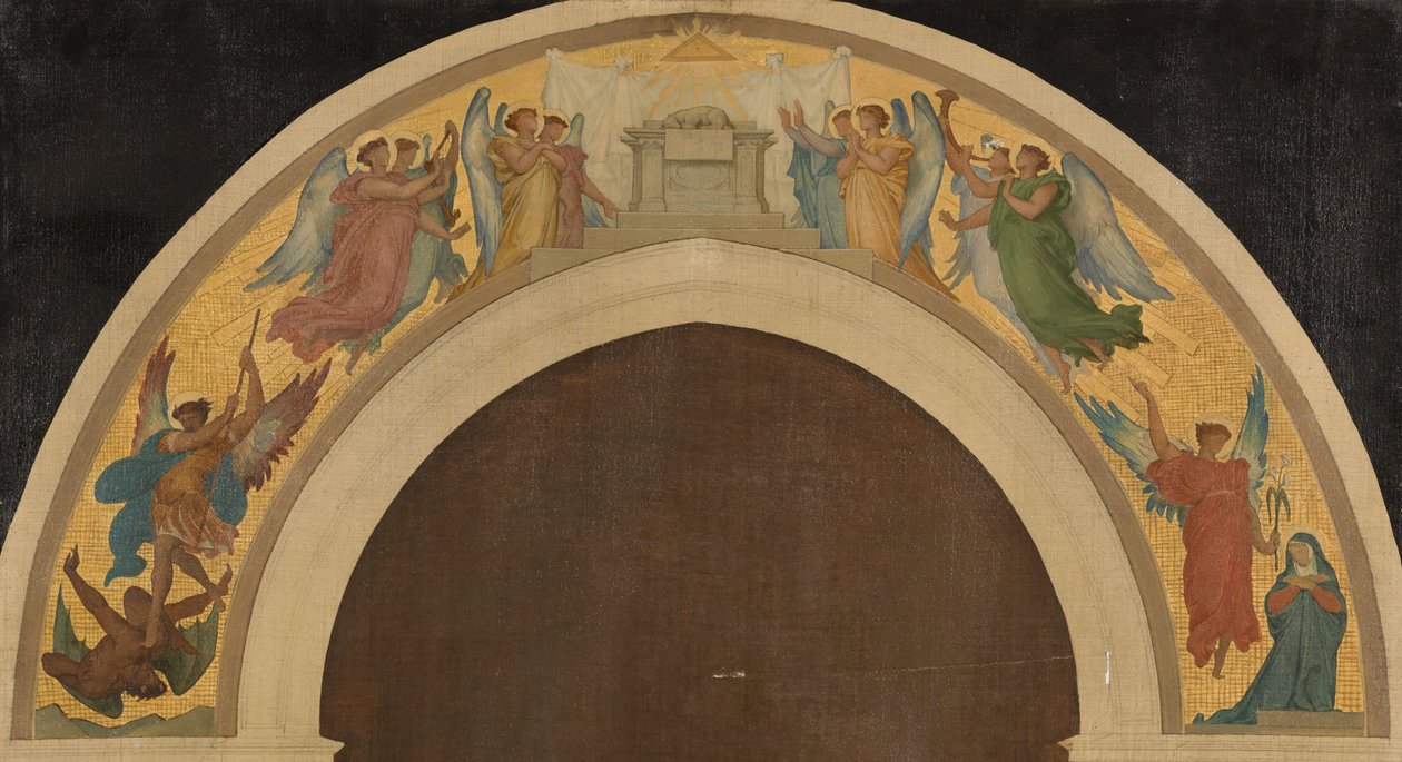 Skitse til Treenighedskirken: Påskelammet. Gruppe af tilbedende engle. Ærkeenglen Sankt Michael overvinder djævelen. Bebudelsen. Den hellige Paulus. Sankt Peter, ca. 1864 (olie på lærred) af Felix A.M. (after) Jobbe Duval