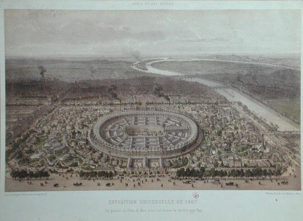 Generelt syn på verdensudstillingen i Paris i 1867, taget fra Rapp-porten (farve litho) af Felix Benoist