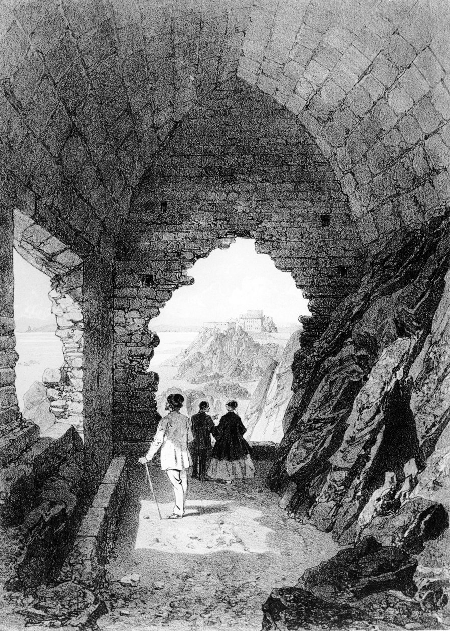 Saint Heliers Hermitage og Elizabeth Castle, Jersey, 1870 (litografi) af Felix Benoist